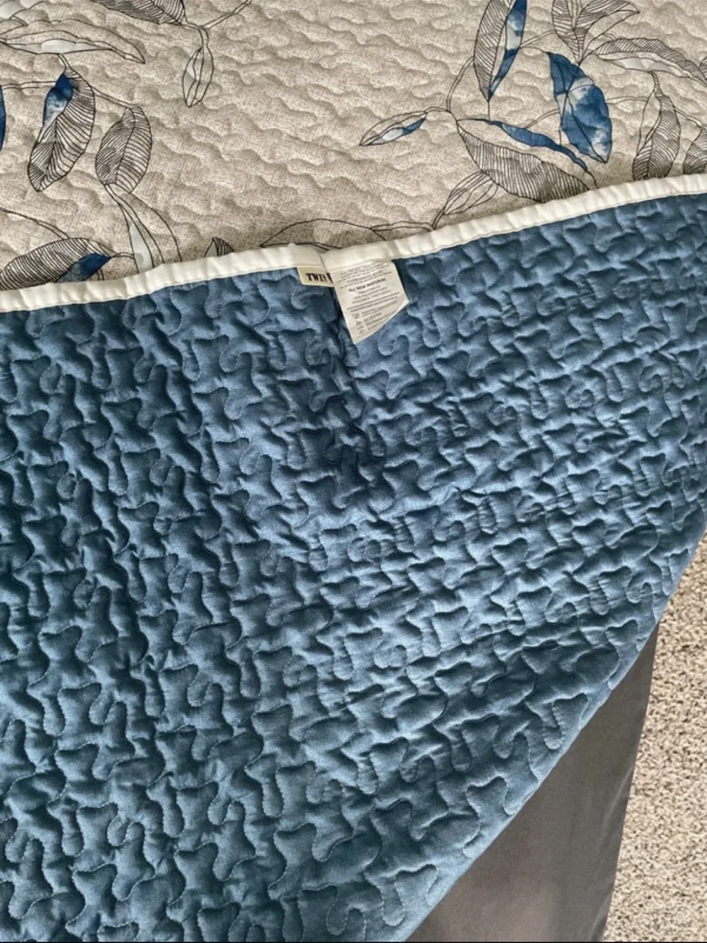 Quilted Pillow Sham with Blue Leaf Print